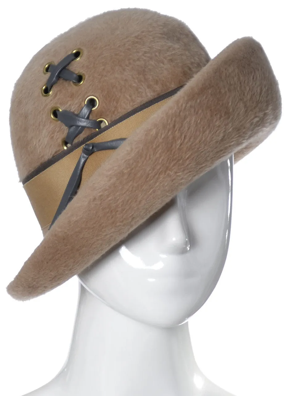 1960's Mod Vintage Faux Fur Hat with Upturned Brim and Laces