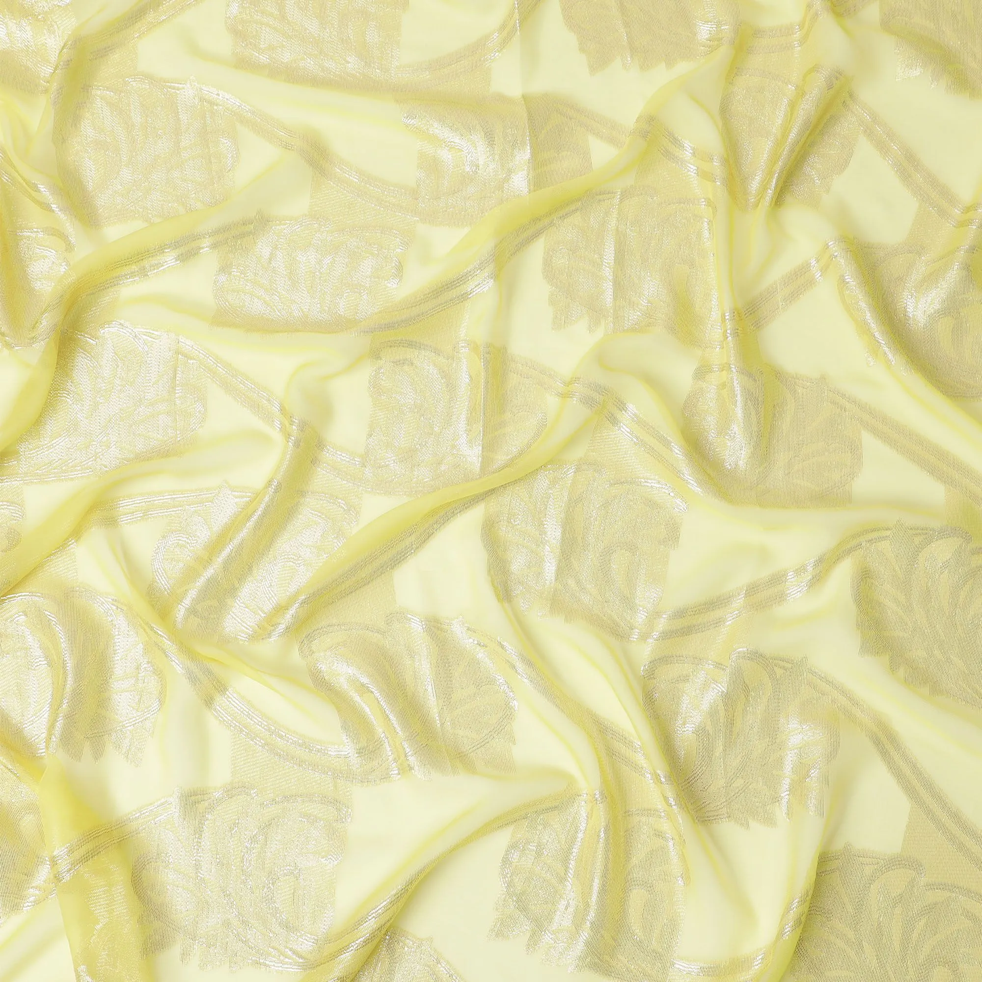 Lemon Zest Pure Fransawi Silk Chiffon Fabric with Silver Filigree Embroidery, 110cm Width - Traditional Garbasaar, Piece of 2.0 Mtrs-D18641