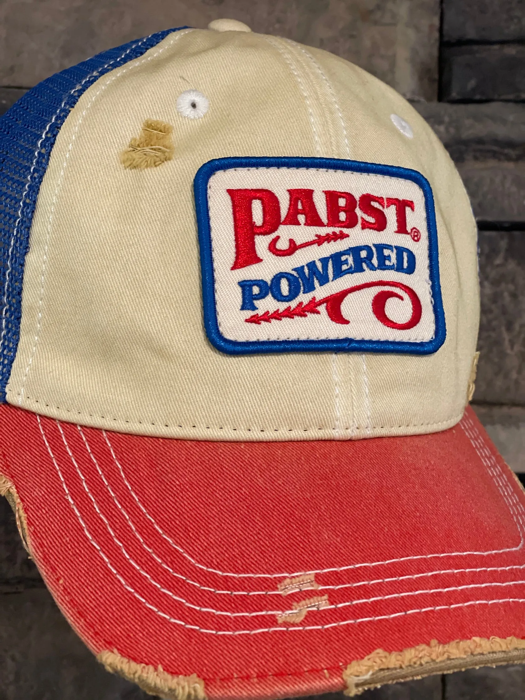 Pabst Powered Retro Hat- Distressed Tri-tone R/W/B