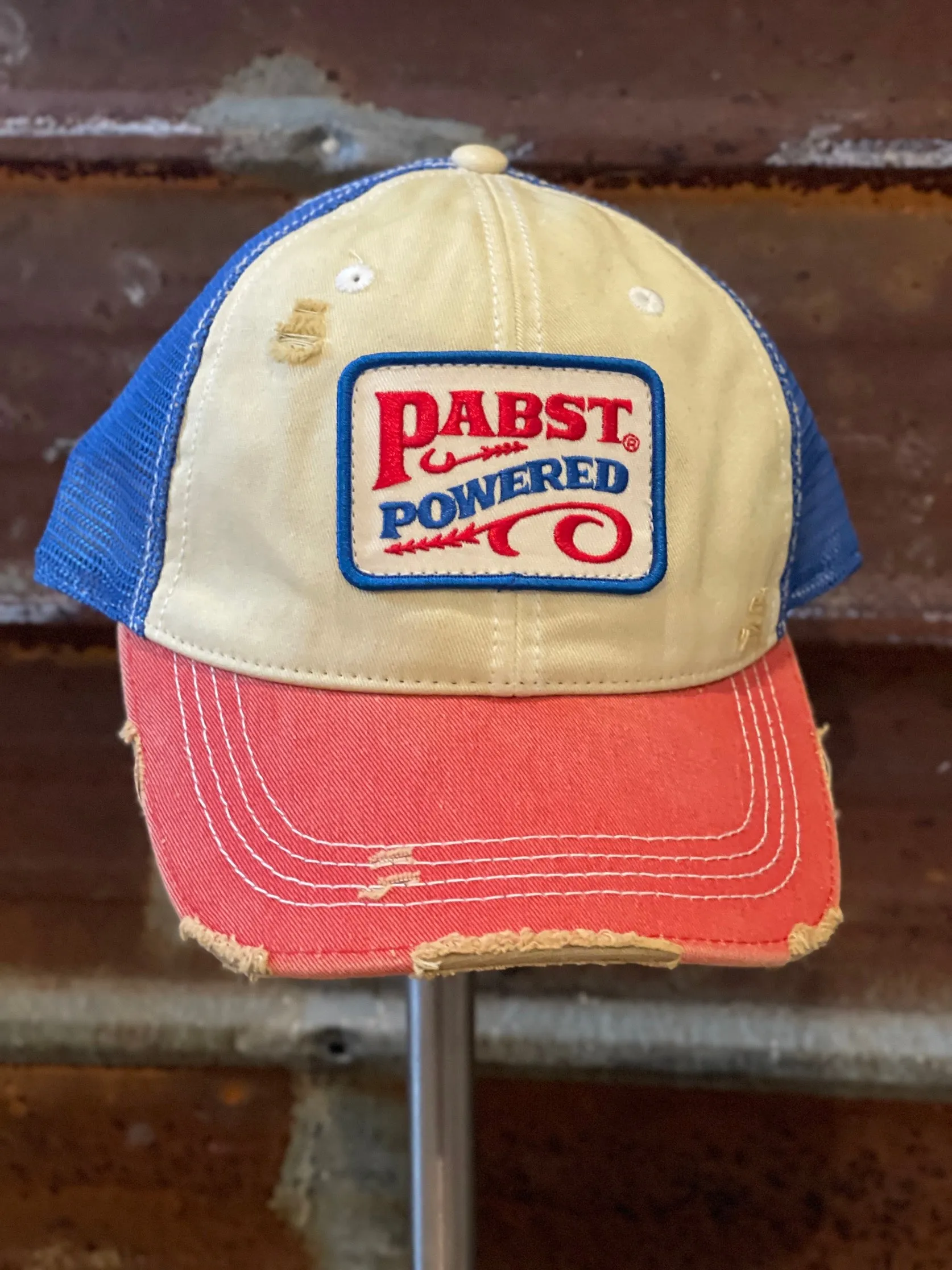 Pabst Powered Retro Hat- Distressed Tri-tone R/W/B