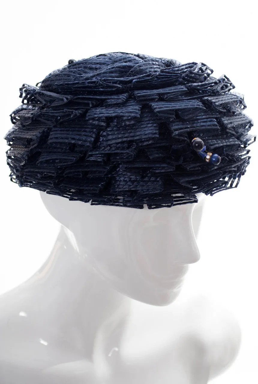 Schiaparelli navy blue vintage ruffled straw hat