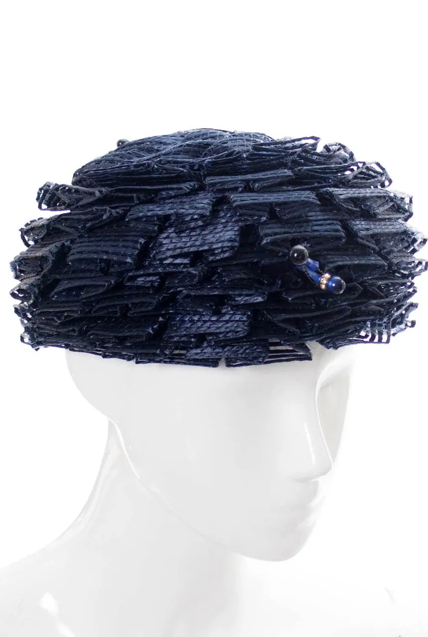 Schiaparelli navy blue vintage ruffled straw hat