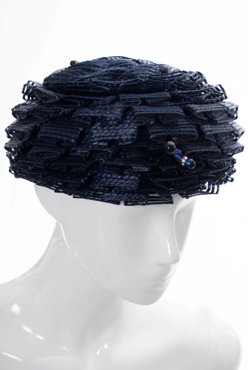Schiaparelli navy blue vintage ruffled straw hat