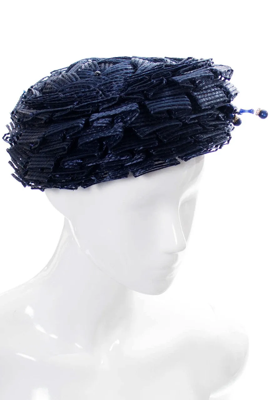 Schiaparelli navy blue vintage ruffled straw hat