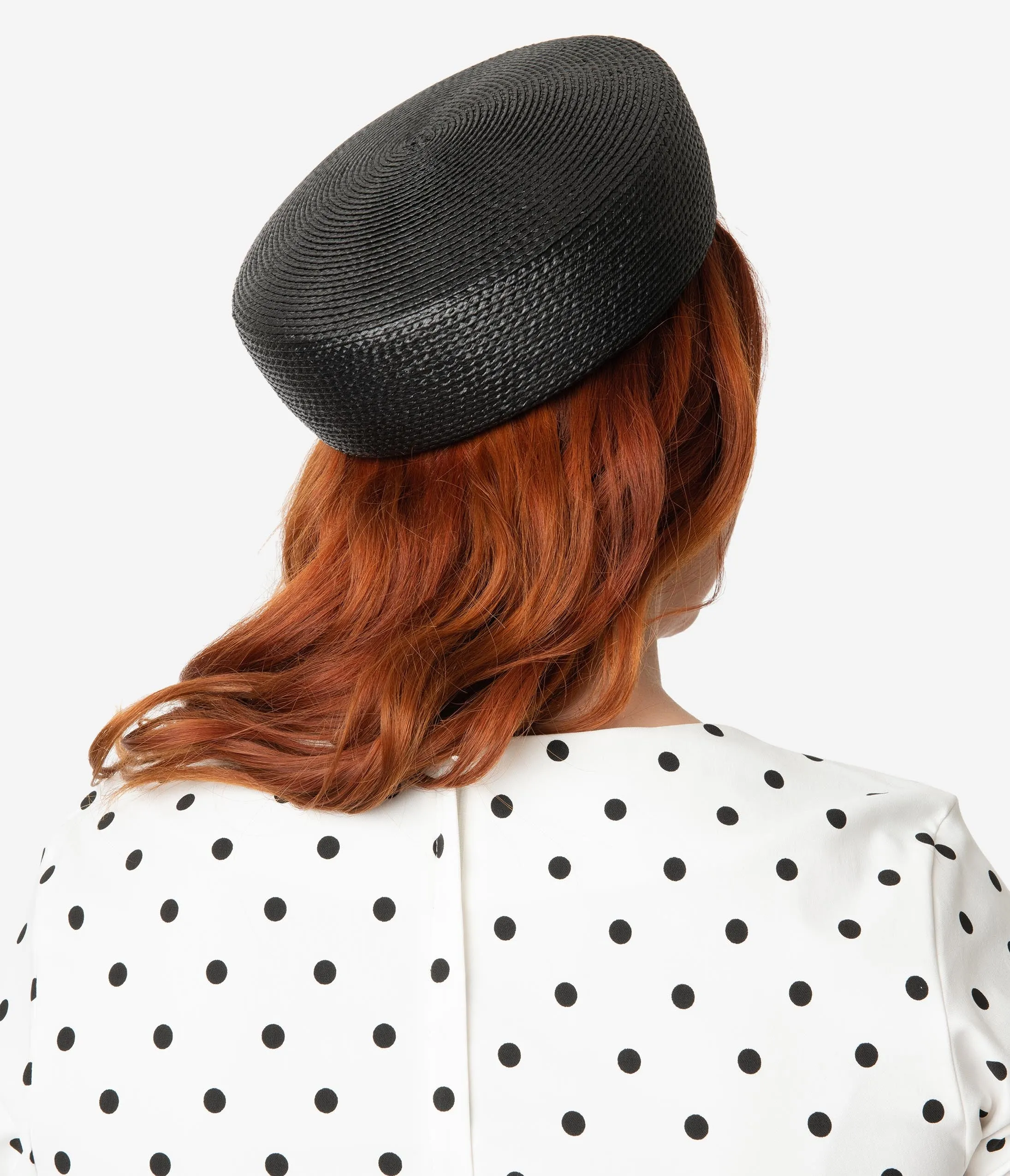 Unique Vintage 1950s Style Black Braided Straw Pillbox Hat