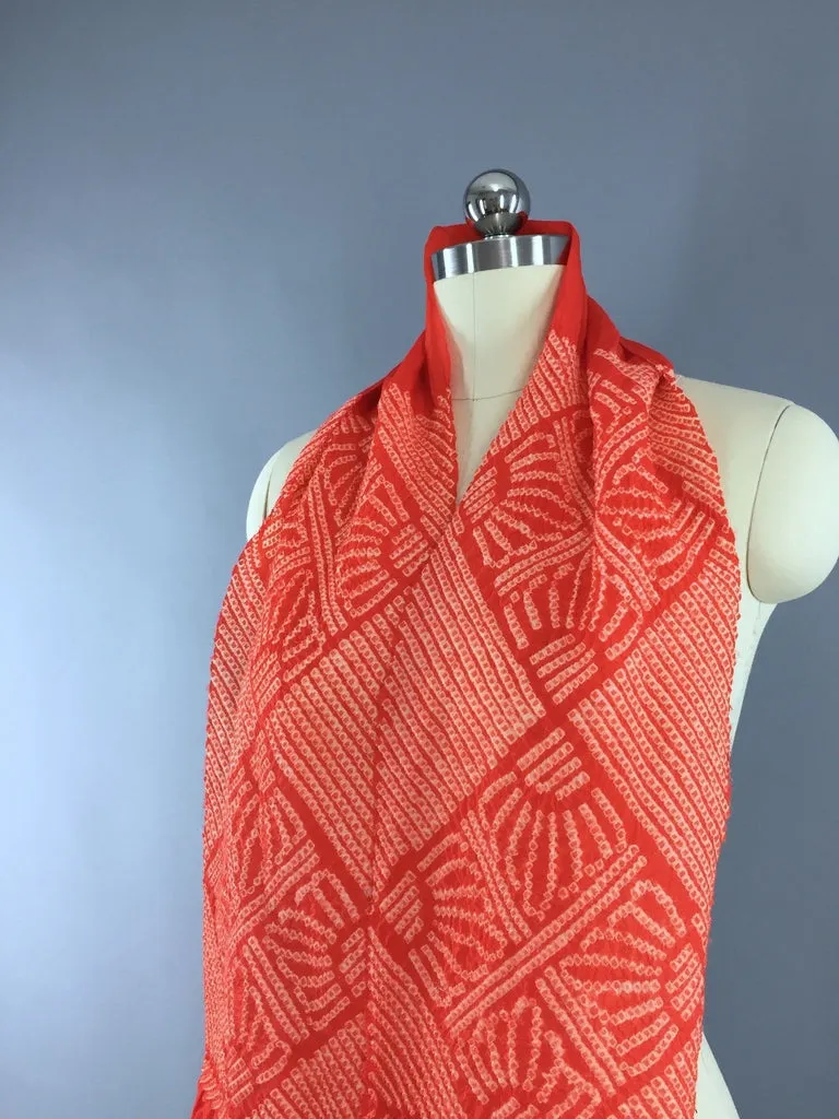 Vintage 1960s Dark Red Orange Shibori Silk Kimono Obiage Chiffon Scarf