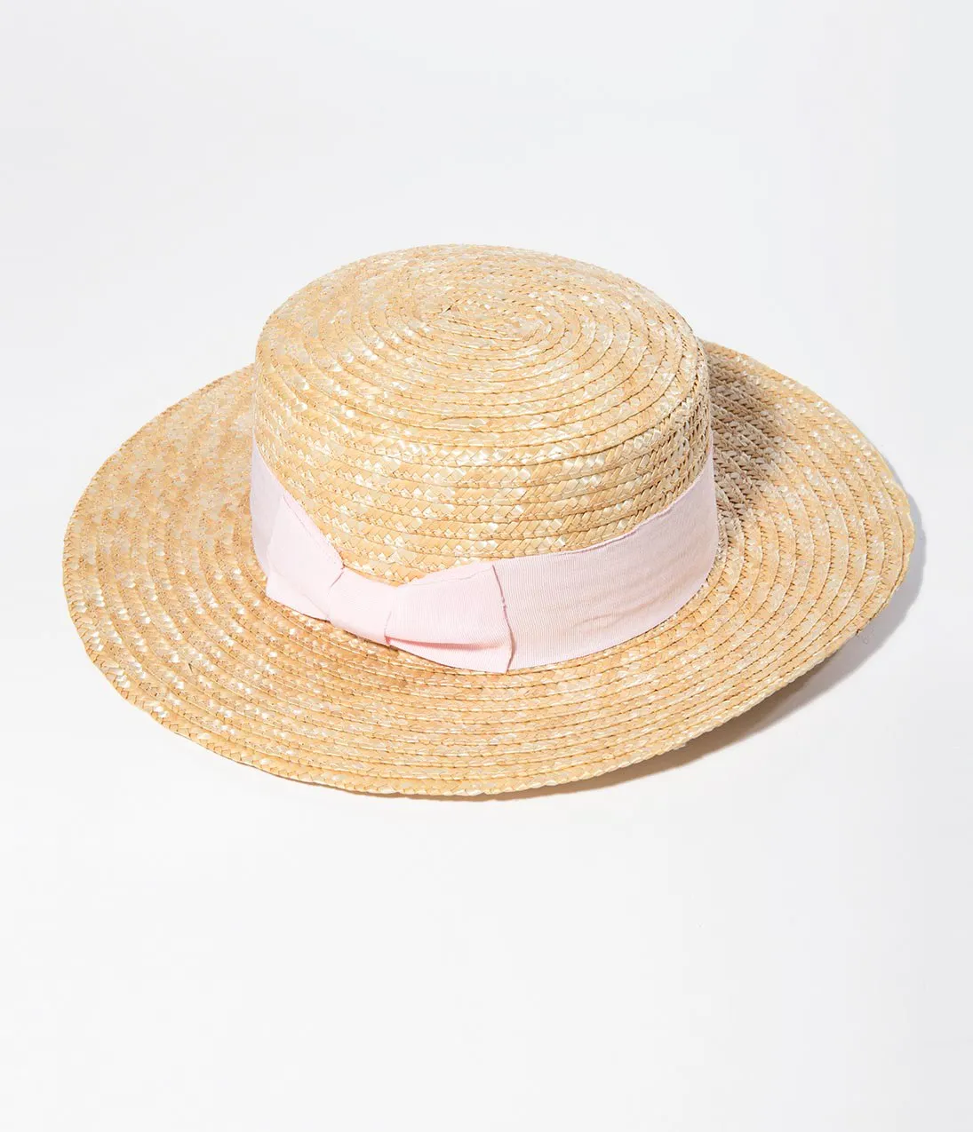 Vintage Style Pink Ribbon Straw Boater Hat